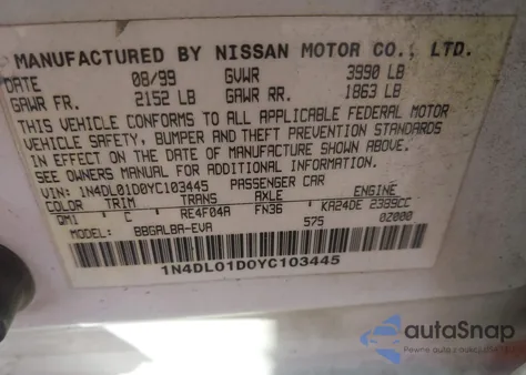 2000 Nissan Altima Gle/Gxe/Se/Xe z USA, uszkodzony, nr VIN 1N4DL01D0YC103445